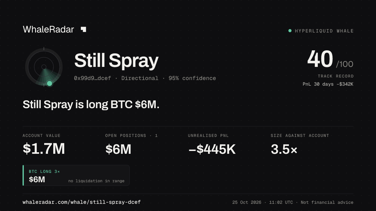 Share card for Still Spray: Still Spray is long BTC $6M.