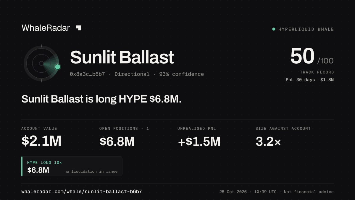 「Sunlit Ballast」分享卡片:Sunlit Ballast 持有 HYPE 680 万美元 多单。