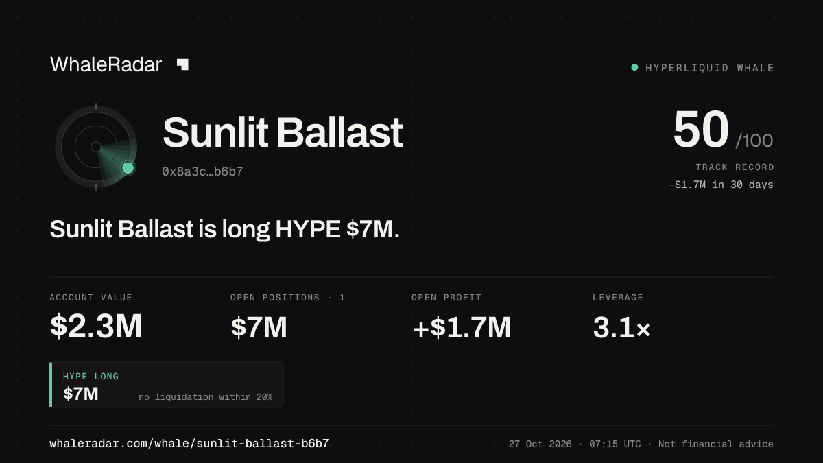 Sunlit Ballast 공유 카드: Sunlit Ballast: HYPE 롱 697만 달러.