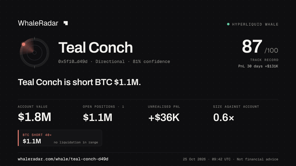 「Teal Conch」分享卡片:Teal Conch 持有 BTC 106 万美元 空单。