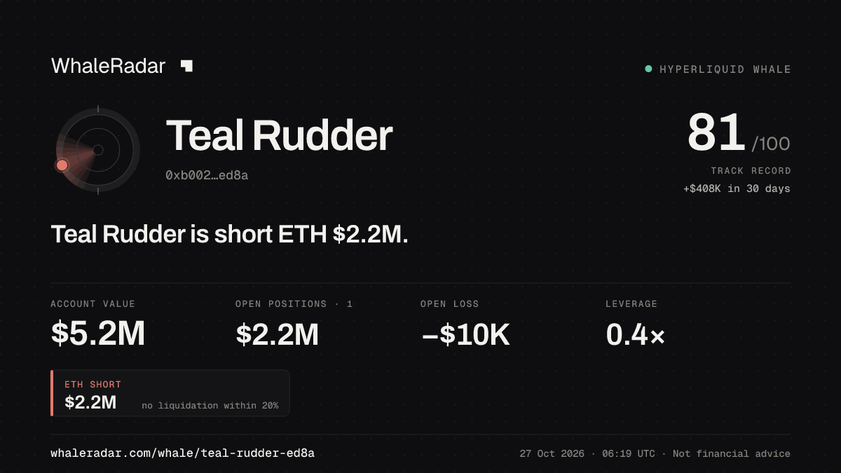 Teal Rudder 공유 카드: Teal Rudder: ETH 숏 223만 달러.