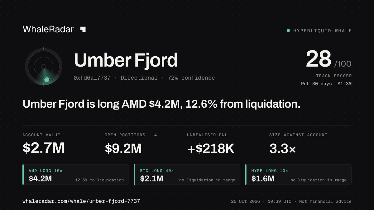 「Umber Fjord」分享卡片:Umber Fjord 持有 AMD 422 万美元 多单,距爆仓 12.4%。