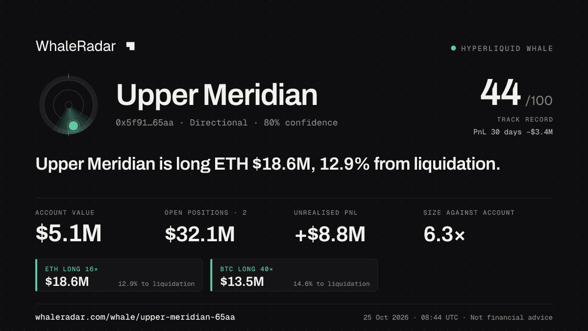 Share card for Upper Meridian: Upper Meridian is long ETH $18.7M, 13.2% from liquidation.