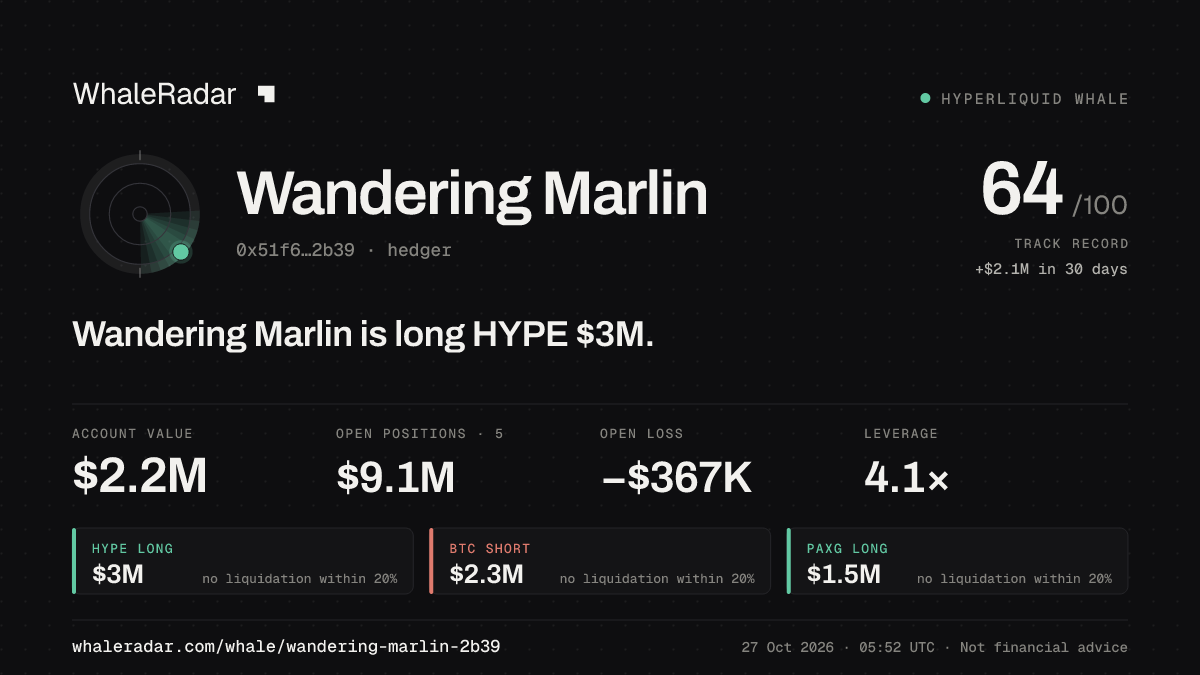 Wandering Marlin 공유 카드: Wandering Marlin: HYPE 롱 295만 달러.