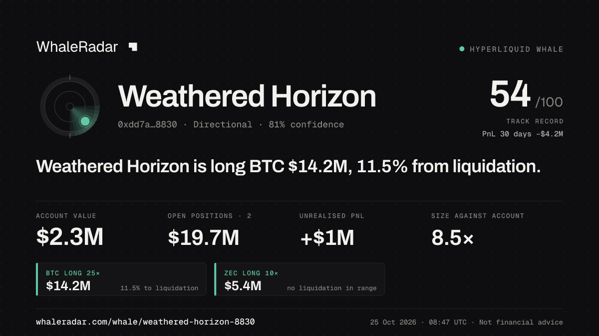 Share card for Weathered Horizon: Weathered Horizon is long BTC $14.2M, 11.9% from liquidation.