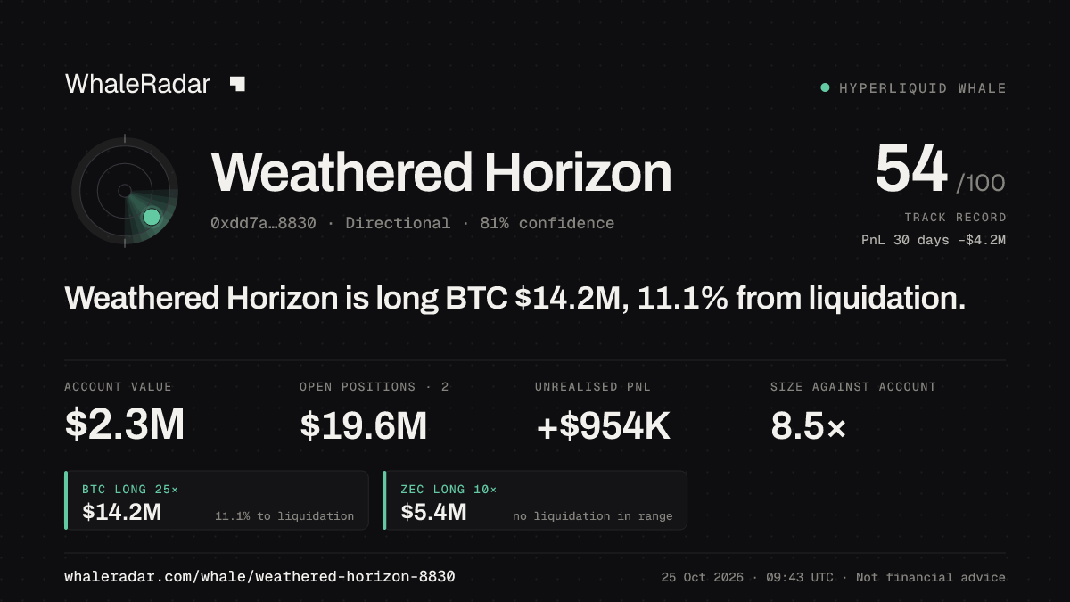 「Weathered Horizon」分享卡片:Weathered Horizon 持有 BTC 1,421 万美元 多单,距爆仓 11.3%。