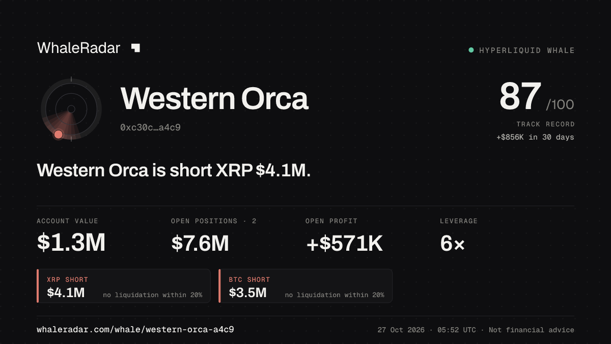Western Orca 공유 카드: Western Orca: XRP 숏 410만 달러.