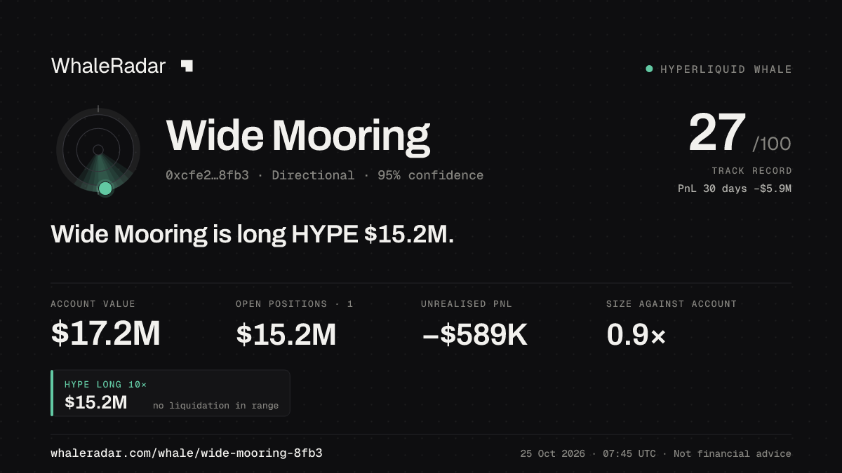 Share card for Wide Mooring: Wide Mooring is long HYPE $15.2M.