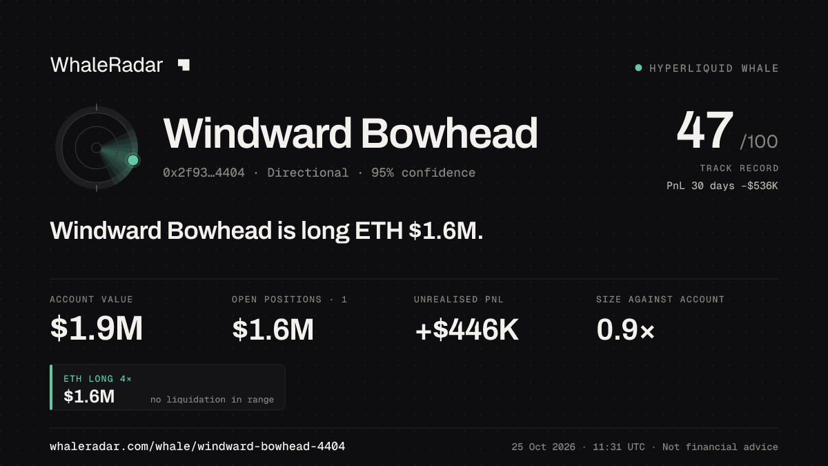 「Windward Bowhead」分享卡片:Windward Bowhead 持有 ETH 165 万美元 多单。