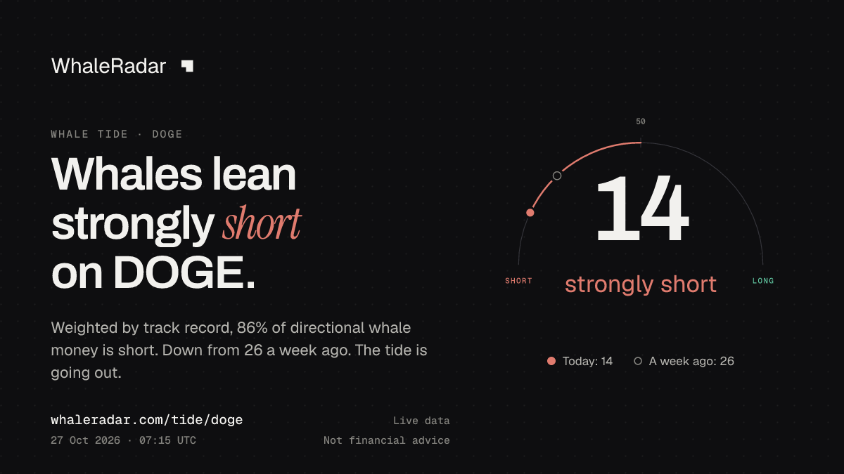 공유 카드: Whale Tide DOGE: 14 (뚜렷한 숏 우세) (2026년 10월 27일 06:09 UTC). 출처: WhaleRadar, whaleradar.com/ko/tide/doge