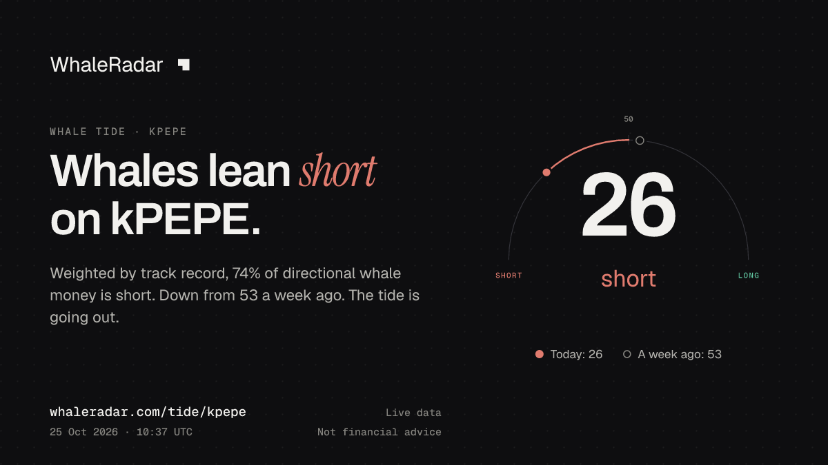 Share card: Whale Tide, kPEPE: 26 (short), 25 Oct 2026, 09:39 UTC. Source: WhaleRadar, whaleradar.com/tide/kpepe