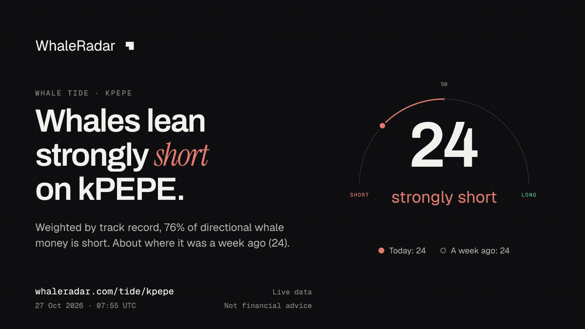 공유 카드: Whale Tide kPEPE: 24 (뚜렷한 숏 우세) (2026년 10월 27일 06:49 UTC). 출처: WhaleRadar, whaleradar.com/ko/tide/kpepe