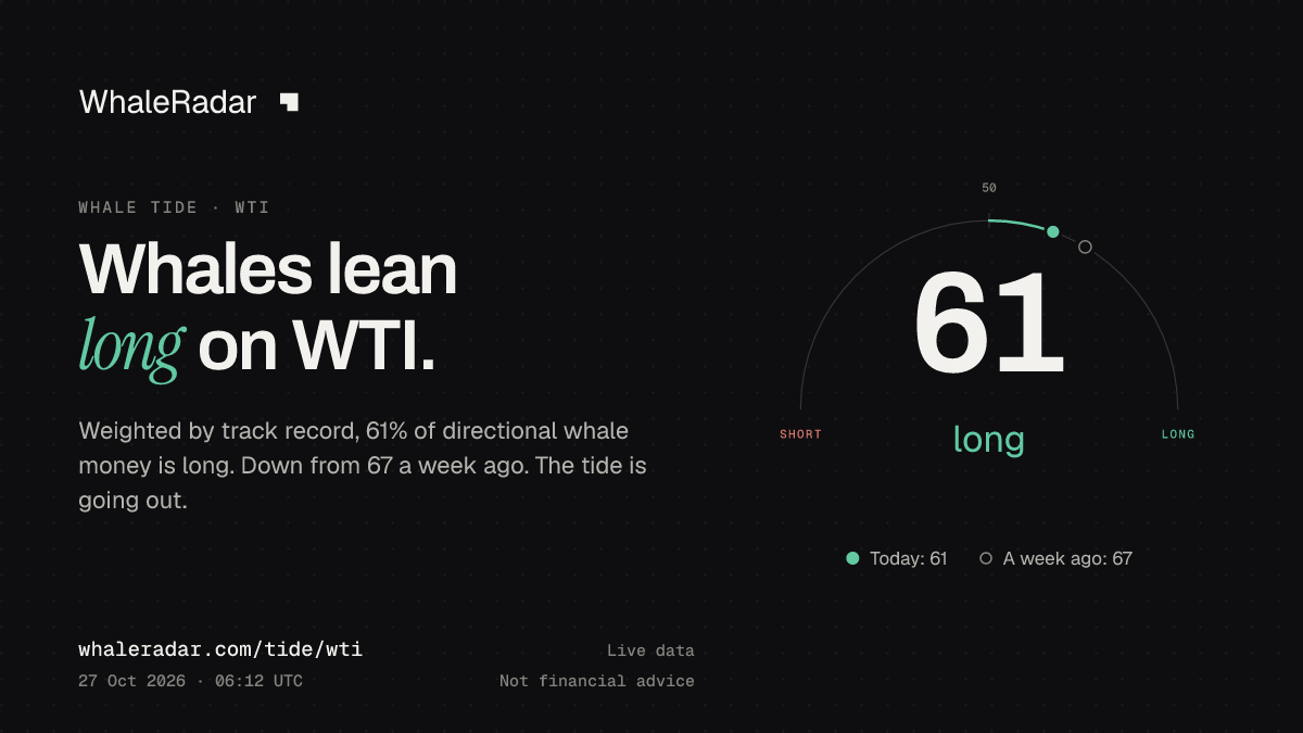 공유 카드: Whale Tide WTI: 62 (롱 우세) (2026년 10월 27일 05:10 UTC). 출처: WhaleRadar, whaleradar.com/ko/tide/wti