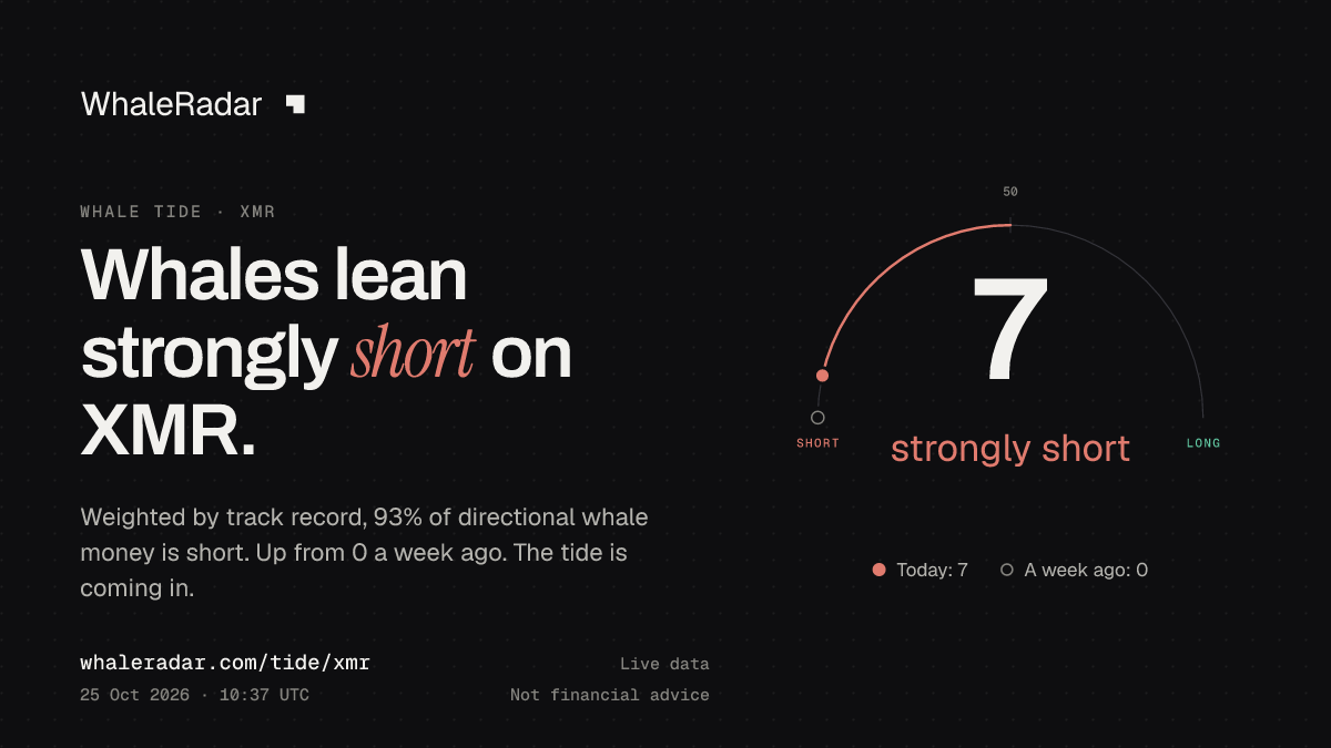 Share card: Whale Tide, XMR: 7 (strongly short), 25 Oct 2026, 09:39 UTC. Source: WhaleRadar, whaleradar.com/tide/xmr