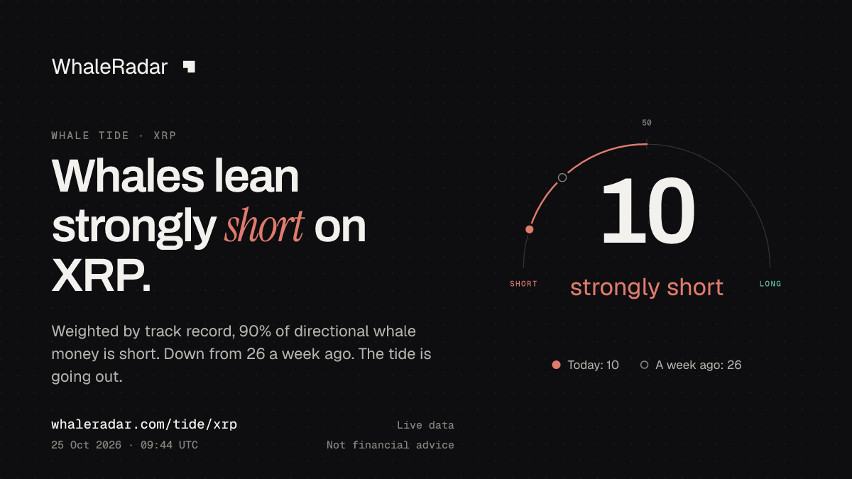 Share card: Whale Tide, XRP: 10 (strongly short), 25 Oct 2026, 08:39 UTC. Source: WhaleRadar, whaleradar.com/tide/xrp