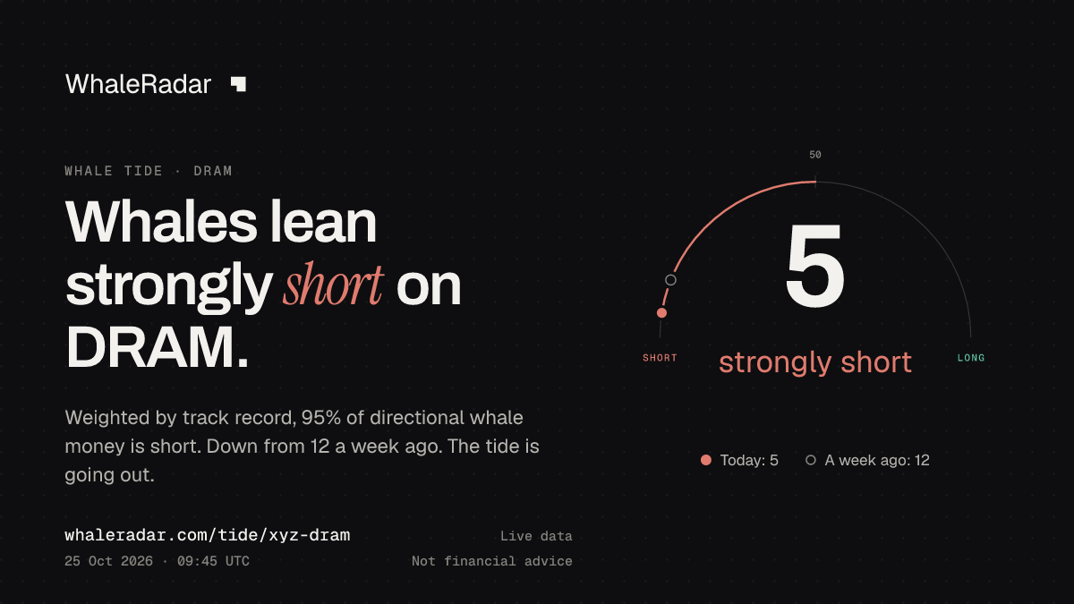 Share card: Whale Tide, DRAM: 5 (strongly short), 25 Oct 2026, 08:39 UTC. Source: WhaleRadar, whaleradar.com/tide/xyz-dram