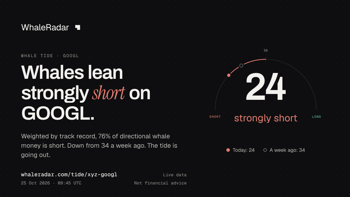 Share card: Whale Tide, GOOGL: 24 (strongly short), 25 Oct 2026, 08:40 UTC. Source: WhaleRadar, whaleradar.com/tide/xyz-googl