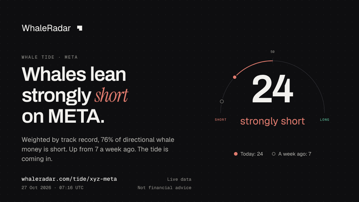공유 카드: Whale Tide META: 24 (뚜렷한 숏 우세) (2026년 10월 27일 06:10 UTC). 출처: WhaleRadar, whaleradar.com/ko/tide/xyz-meta