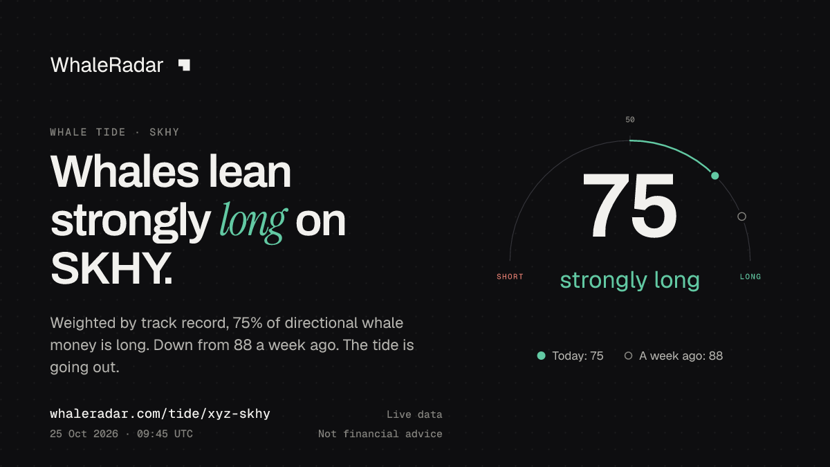 Share card: Whale Tide, SKHY: 75 (strongly long), 25 Oct 2026, 08:40 UTC. Source: WhaleRadar, whaleradar.com/tide/xyz-skhy