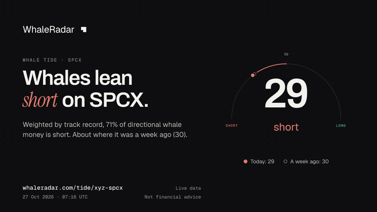 공유 카드: Whale Tide SPCX: 29 (숏 우세) (2026년 10월 27일 06:11 UTC). 출처: WhaleRadar, whaleradar.com/ko/tide/xyz-spcx
